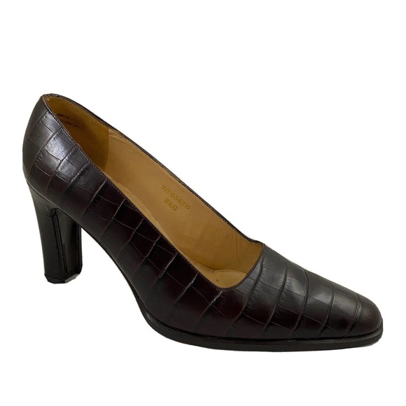 Ralph Lauren Shoes - Ralph Lauren Pump Croc Embossed Brown Leather 3" Block Heel Classic 8.5 B